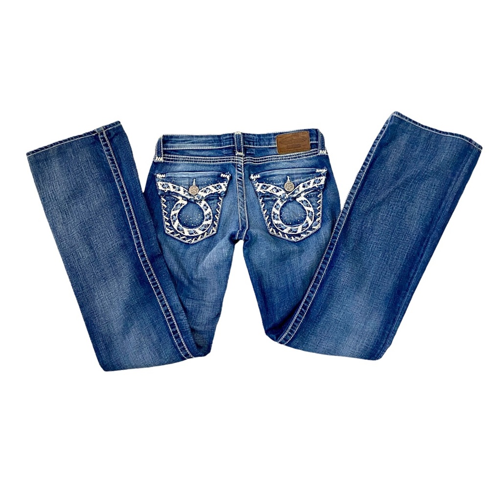 Big Star Liv Boot Cut Jeans Thick Stitching Embroidered Pocket Medium Wash Sz 25